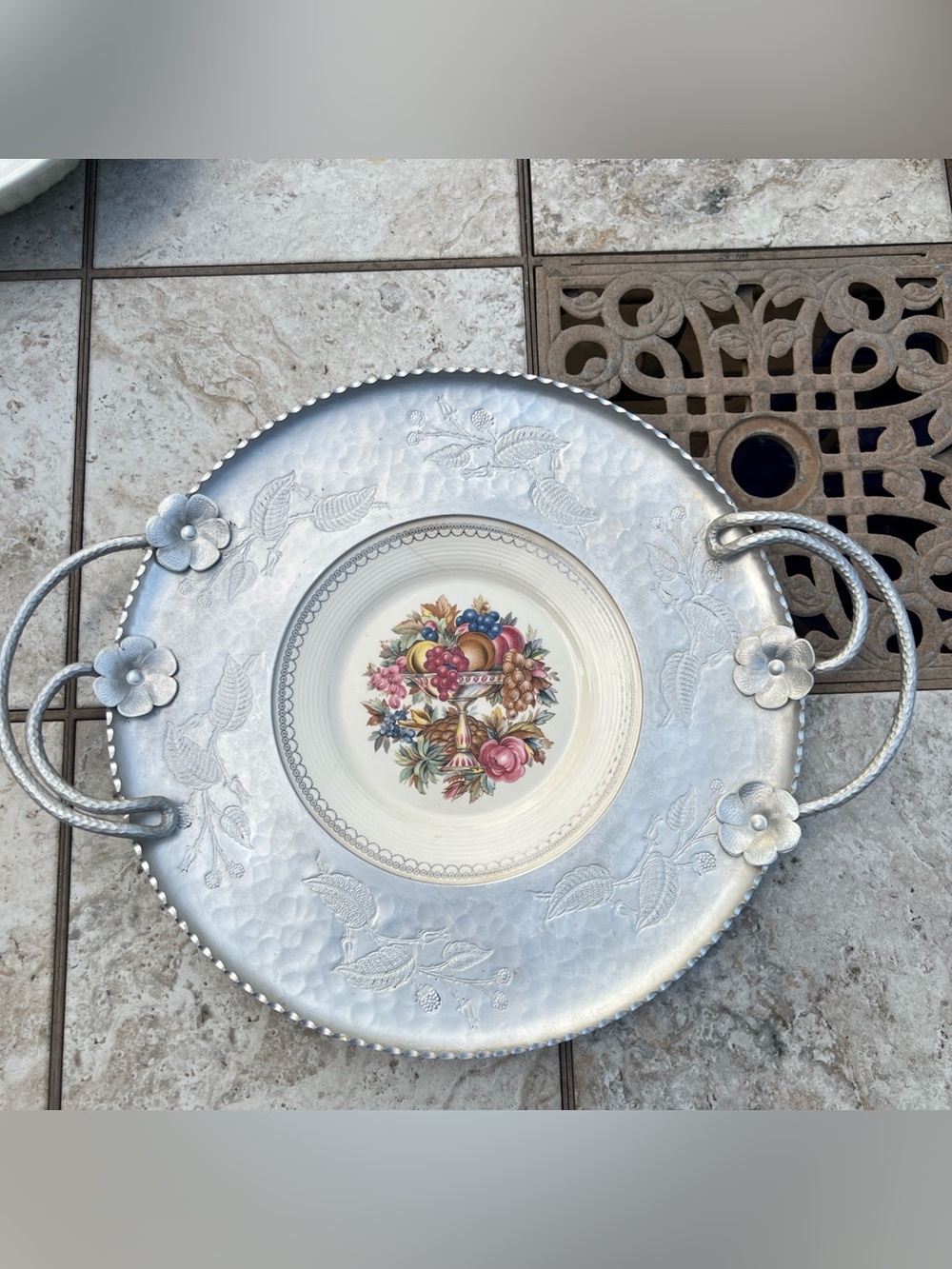 Vintage Tray Limoges Plate 50's Handles Wrought Farberware Hammered Aluminum 22K